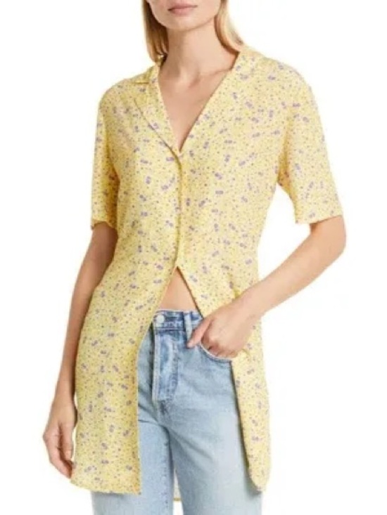 Favorite Daughter Tops - Favorite Daughter Yellow Floral Short-Slit Button Tunic